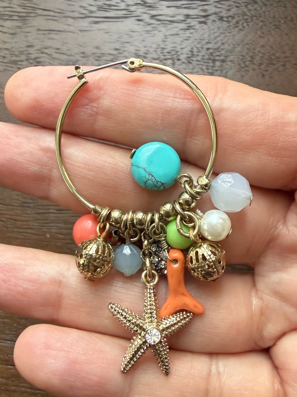 Gold Hoop Earrings with Starfish and Coral Charms - Picture 3 of 5
